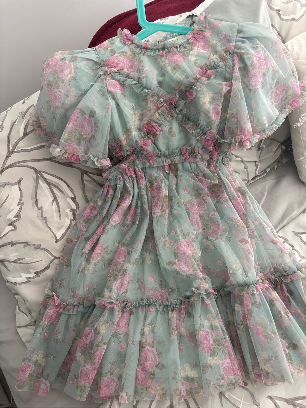 next Girls Floral Ruffle Tea Dress in Mint and Pink